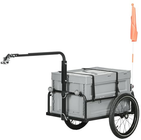 HOMCOM Remolque para bicicleta con cajón de almacenamiento extraíble y plegable de 65L, neumáticos y reflectores de seguridad, carga máxima de 40 kg, gris