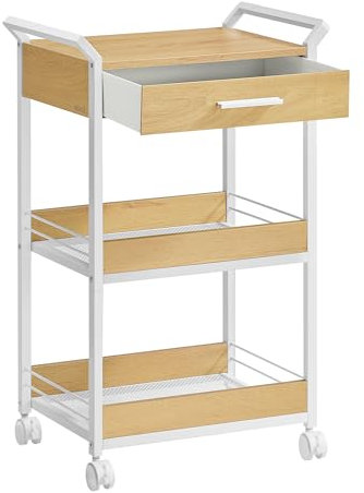 VASAGLE Rollwagen, Küchenwagen 3 Ebenen, Servierwagen mit Bremsen, Holzspanplatte, obere Schublade, Aufbewahrungsregal für Küche, Badezimmer, Schlafzimmer, goldeichenfarben-wolkenweiß LRC048N01