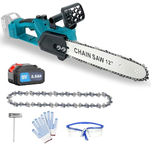 Motosega a batteria, ricambio per motosega Makita, con batteria da 1 x 5500 mAh, motosega senza fili, 12 pollici, piccola motosega a mano per tagliare alberi