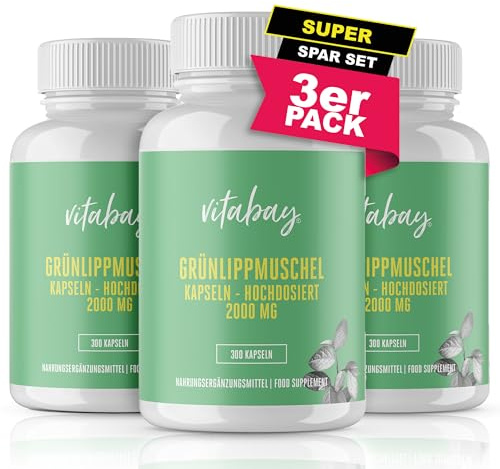 Vitabay Grünlippmuschelextrakt 2000mg – 900 Grünlippmuschel Kapseln | Hochdosiert – mit hoher Bioverfügbarkeit – Green lipped mussel capsules – Laborgeprüft & ohne unerwünschte Zusätze