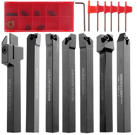 DAISHUJIE Set Drehmeißel 3/8 Zoll, 10 mm, indexierbares Drehwerkzeug, 21-teiliges Set – 7-teiliges Metalldrehwerkzeugset mit 7-teiligen Hartmetalleinsätzen