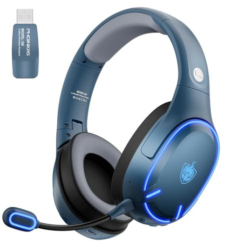 PHOINIKAS Casque Gaming sans Fil pour PS5, PS4, PC, Switch, 2,4 GHz USB Casque Gaming avec Microphone, Batterie 30H, Casque 5.3 Bluetooth pour Ordinateur Portable, Mobile, Mac (Bleu)