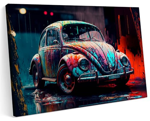 Printonia Leinwandbild m Bild auf Leinwand 70x50 VW Käfer Classic Oldtimer Neon Abstrakt Bunt