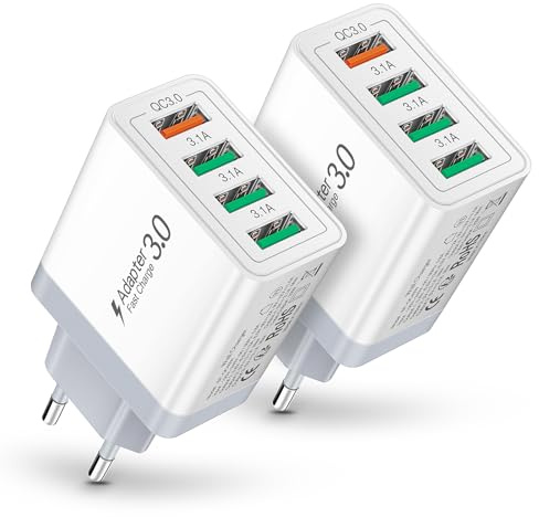 2-Pack USB Ladegerät Mehrfach, Quick Charge 3.0 schnellladegerät | 33W 4-Port Multi USB Netzteil, kompatibel mit iPhone 17 16 15 14 13, Galaxy S24 S25 S26, LG, Google Pixel (Weiß)