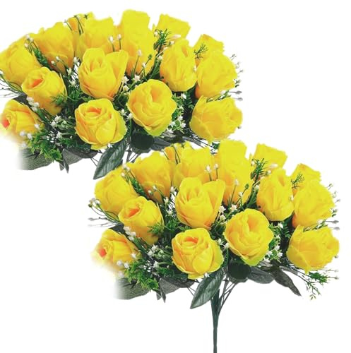 Hperu 2 Blumensträuße Grabblumen für Friedhof, 24 Köpfe künstliche Blumen für Gräber, falsche Rosengräbere 15,8 '' realistische Seidenblumen im Freien für Grabdekorationen, Gelb, Gelb