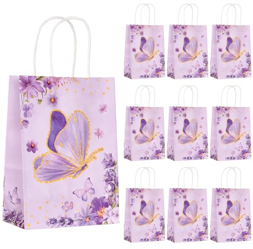 10 Stück Schmetterlings-Geschenktüten (15 * 8 * 21cm), Kreative Blumen-Partytüten, Bunte Papiertüten Mit Griffen, Ideal für Weihnachten, Babypartys und Mitgebsel für Kinder (Lila-1)