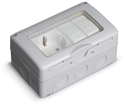 Enchufe IP55 con doble conmutador, resistente al agua, ideal para instalaciones exteriores y control de luz en espacios húmedos.