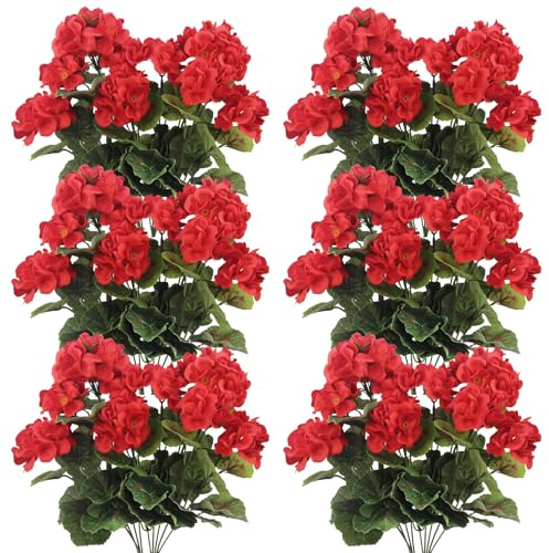 fkngcp 12 Pcs Geraniums Artificial Flowers Realistic Fake Geraniums 14 Inch Artificial Silk Flower for Outdoors Garden Patio Grave Cemetary Vase Table Centerpiece Red