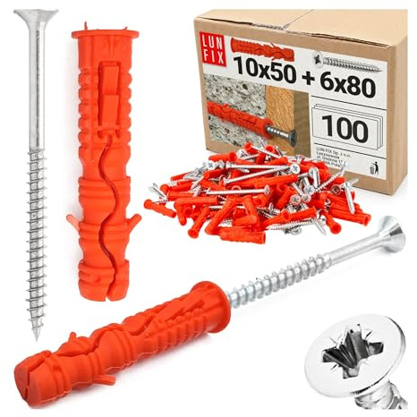 Set di tasselli LUN FIX 10x50 mm con viti 6x80 mm, 100 tasselli universali, tasselli a percussione, tasselli per spazi vuoti, set di tasselli e viti per calcestruzzo, mattoni, cartongesso, pareti a