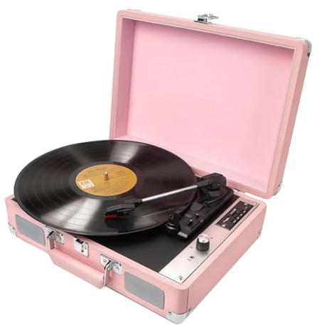 Fangxuee Giradischi in Vinile Vintage, Grammofono, Fonografo Portatile AC100-240V, Giradischi Stereo Antico, Spina Europea, Rosa