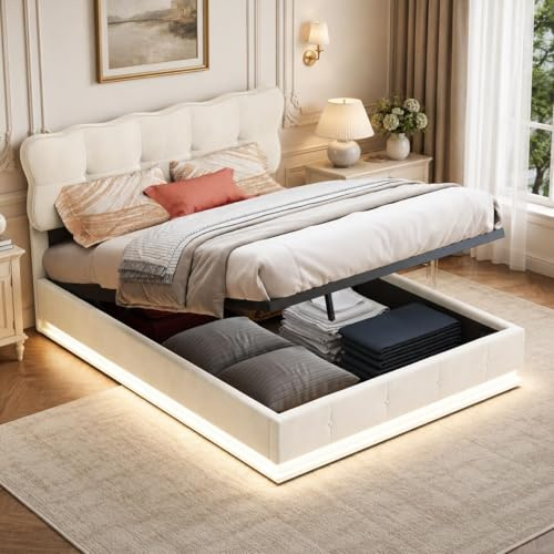 OLIVIBED Polsterbett 140x200 cm, Jugendbett mit Gepolstertes Kopfteil und Lattenrost, Hydraulisch Stauraumbett mit Bettkasten, für Schlafzimmer und Gästezimmer, ohne Matratze, Samt, Beige, LED-System