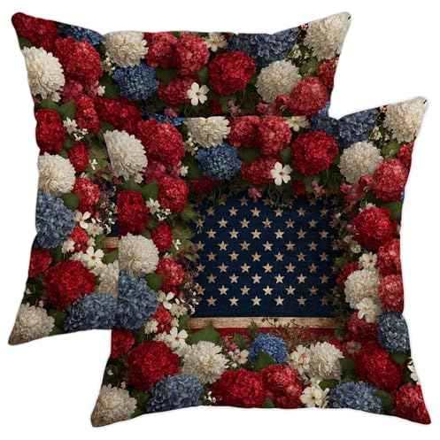 Throw Pillow Covers Patriotic Red Blue White Hortensia Flower Summer Independence Day Printed Throw Pillow Cases Machine Washable Cushion Covers For Patio Autumn Sofa Set Of 2