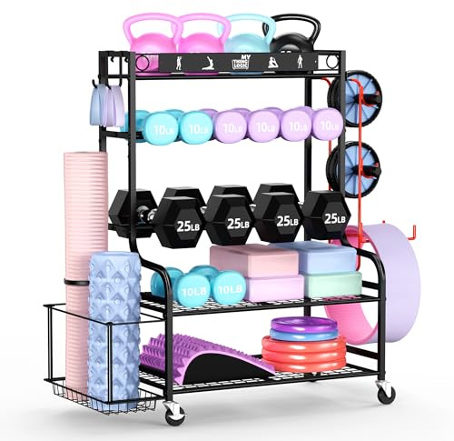 Mythinglogic Hantelständer, Aufbewahrung für Heimfitnessgeräte, Gewichtsständer für Kurzhanteln, Yogaständer, Kettlebells und Yogamatten, Aufbewahrung für Trainingsgeräte mit Rollen