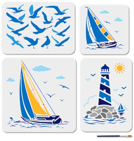 MAYJOYDIY 4 Stück Segelboot Möwen Schablone Leuchtturm Malschablonen 20~30cm Wiederverwendbare Meeresmöwen Zeichenvorlage Mit Pinsel Für Wand Möbel Papier Leinwand Scrapbook Dekor