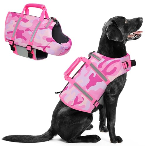 PUZAUKAL flytväst hund – räddningsväst för små, medelstora och stora hundar, justerbar hundflytväst med handtag och reflekterande, säker för båt och vattensport, camo rosa, storlek L