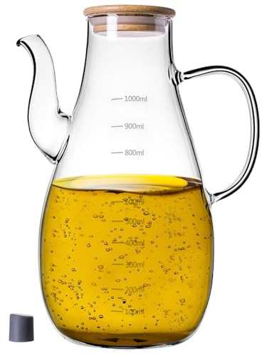 KADAX Oljedispenser 1 liter av borosilikatglas, oljeflaska med måttskala, hällpip och lock, glasflaska för olja, oljekan av glas, flaska för olja och olivolja, oljekaraf