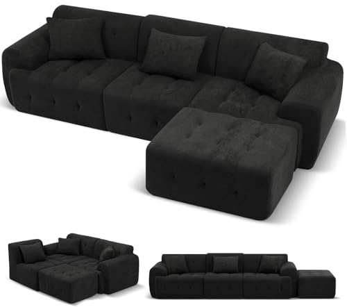 COMHOMA Hörnsoffa, 245 x 60 x 40 cm, Modulär soffa med bäddfunktion, Bäddsoffa, L-formad soffa för vardagsrum, Vakuumförpackad, Flexibelt kombinerbar med ottoman, Svart