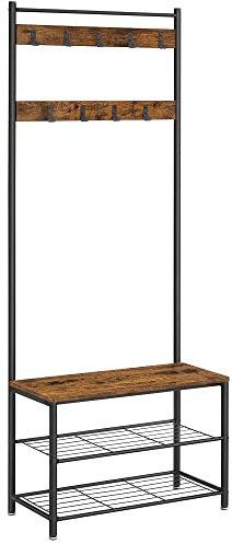 VASAGLE Garderobenständer, Kleiderständer mit Schuhablagen, Schuhregal mit Sitzfläche, für Flur, mit Haken, 3 Ablagen, aus Metall, Höhe 177 cm, Industrie-Design, vintagebraun-schwarz HSR41BX