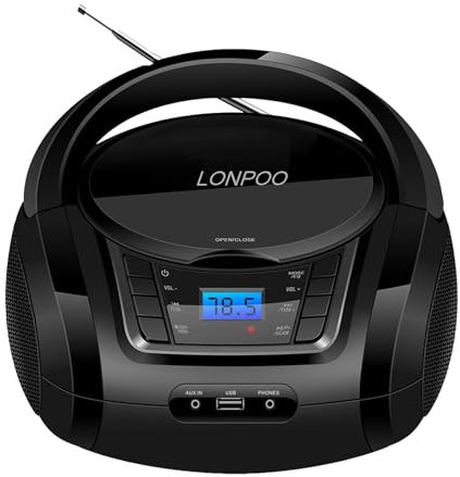 LONPOO Stereo Lettore CD portatile Bluetooth Boombox Connettività Radio FM, USB, AUX, Uscita cuffie, HiFi Altoparlanti (LP-D03B)