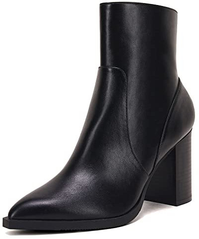 LAICIGO Women's Pointed Toe Ankle Boots Chunky Stacked Heel Side Zipper Faux Leather Ankle Booties, Black, Size 11