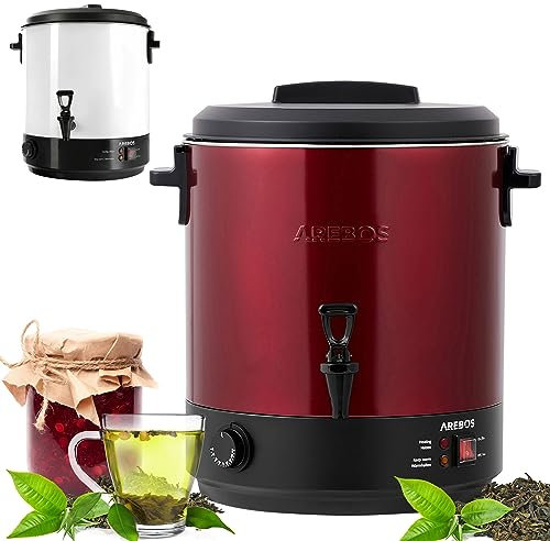 Arebos Cocedero de Conservas 2500 W | olla de 28 L | con termostato y protección contra sobrecalentamiento | ajuste de temperatura continuo de 30 a 100 °C | hervidor de vino caliente | color rojo