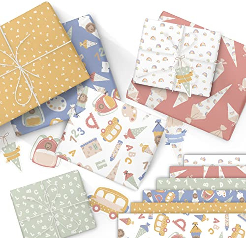 Papierdrachen 6 fogli di carta da regalo per l'inizio della scuola, 60 x 40 cm, 6 diversi disegni di alta qualità su carta da 80 g/m², pastello, confezione regalo per l'inizio della scuola, set da 3