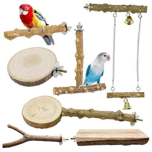 Allazone Natur Sitzstangen für Vögel - 7 Stück Holz Vögel Sitzstangen, Papagei Schaukel Spielzeug