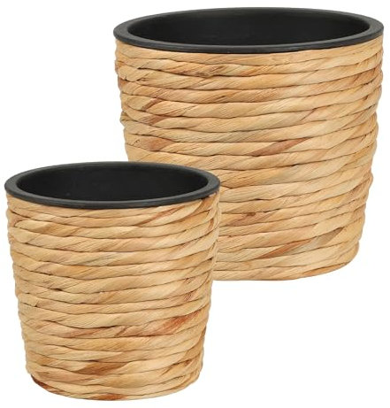 Home & Styling Collection Lot de 2 Pots de Fleurs en Jacinthe d'eau - 12,8 x 12 cm/16 x 14 cm - Insert en Plastique - Pot de Fleurs Rond avec Trou - Cache-Pots pour Plantes d'intérieur - Naturel