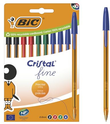 BIC Crystal Original - Penna a sfera con punta fine (08 mm), colori assortiti, corpo arancione, confezione da 10