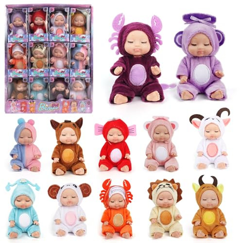 Fiotha 12 Stück Mini Reborn Puppen, Mini Baby Puppe, Kleine PüPpchen Mit Kleidung, 3,5 Zoll Babypuppe, Realistische Bewegliche Babypuppe, Geschenk für Mädchen, Kleinkinder und Kinder