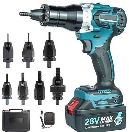 Cordless Rivet Nut Tool Set, Portable Automatic Rivet Gun with 26V Battery, Charger, Carrying Case, Electric Rivet Nut Gun for M3 M4 M5 M6 M8 M10 M12(2200mAh)
