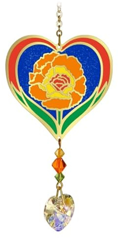 Birthmonth Flower Sun-Catcher Mobile - Stained Glass Effect - Sparkling Crystal Heart Adorned - Embellished with Hand-Crafted Beadwork (October - Marigold)
