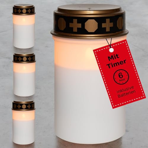 Novaliv Luz LED para tumba con batería y temporizador 6/18, color blanco, 4 quemadores permanentes, efecto parpadeante, incluye pilas, velas de cementerio, vela conmemorativa, vela conmemorativa, luz