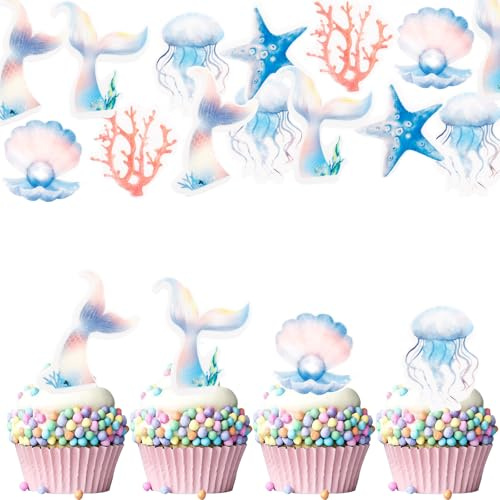 ENLACE Essbare Meerjungfrau Tortendeko, 48 Stück Kuchen Deko Meerjungfrau Geburtstag Deko, Cupcake Topper Meerjungfrauen, Esspapier Tortendeko Meerjungfrauen Muffin Topper Kindergeburtstag
