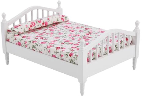 Watris Veiyi 1:12 Puppenhaus Bett, Frisches Kleines Blumenmuster Puppenbett Holz, 15,5 x 8 x 12,3cm, Geeignet für 12 Jahre oder älter