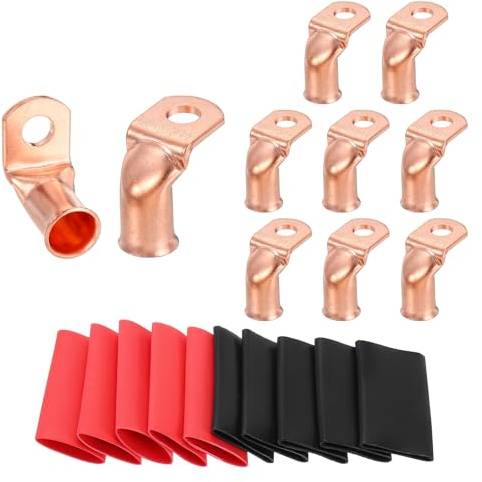 sourcing map 10 capicorda in rame piegato a 90° da 1/0 AWG, terminali per cavi della batteria, calibro 0 da 5/16, connettori terminali ad anello con 10 tubi termorestringenti 3:1 nero e rosso