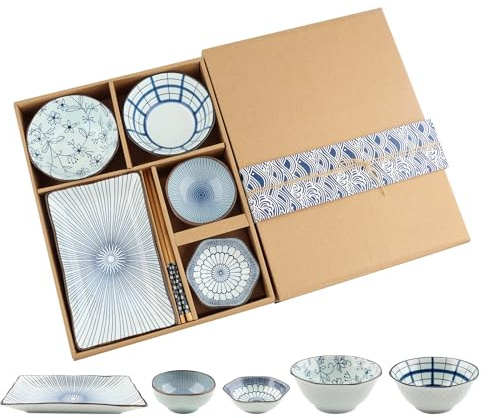 7 Pcs Japanese Style Ceramic Sushi Plate Set include 8.4 inch Rectangle Sushi Plates, 2 Sauce Bowls,2 Sauce Dish and 2 Pairs of Chopsticks for Dinner,Parties,Meat,Dessert,Dishwasher and Microwave Safe
