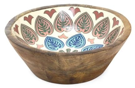 Carousel Home Small Meze Wooden Enamel Bowl | Moroccan Inspired Mango Wood Fruit Bowl | Handcrafted Decorative Serving Dish - 20cm