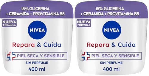 NIVEA Repara & Cuida Crema hidratante corporal, facial y para manos (1 x 400 ml), crema hidratante 72 h con glicerina y pantenol, para piel seca y sensible, sin perfume (Paquete de 2)