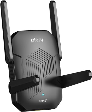 PLERY Ripetitore WiFi 6 Potente per Casa: 1500Mbps WiFi Extender Dual Band | 2,4GHz/5GHz, Copertura 800+ m², Porta Ethernet, 4*6dBi Antenne,3 Modalità,Stabile Della Rete Domestica,Uffici, Gaming, Scuole