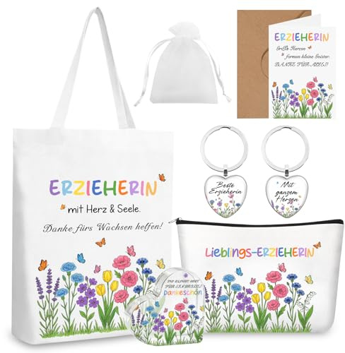 Abschiedsgeschenk Erzieherin Mit Schlüsselanhänger, Karte,Beutel Kosmetiktasche,Herzförmiger Tischschmuck Abschluss Dankeschön Geschenk für Lehrerin Kita Grundschule