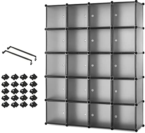 Mondeer Schrank Würfel, 20 Würfel Kunststoff Schuhschrank,180x37x145 cm | Modulares Schuhaufbewahrung mit Tür,Stange zum Selbermachen,Anpassbar,Freie Kombination,Staub und Wasserabweisend,Weiß