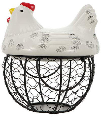 BESTonZON Metal Mesh Egg Basket Ceramic Egg Storage Basket with Farm Chicken Top for Home Kitchen Egg Holder Food Storage Container (White)