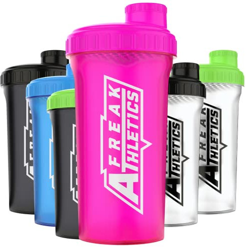Freak Athletics - Botella mezcladora de proteínas de 700 ml, sin BPA, color rosa transparente y tapa rosada