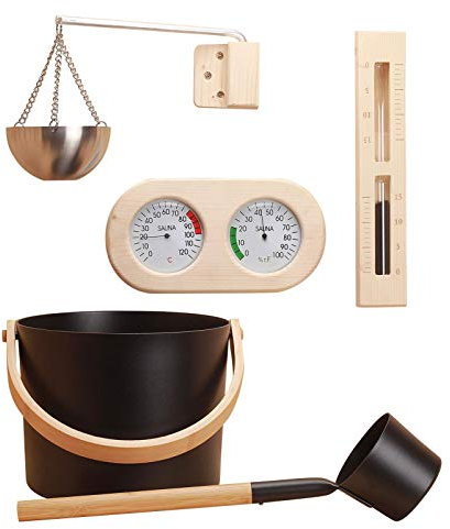 Yiida Sauna Zubehör Set 5 Teilig, 7L Saunakübel, Saunazubehör Saunakübel Set, Mit Kelle, Saunaset Kübel/ Sanduhr/Thermohygrometer/Saunaofen, Aluminium Eimer