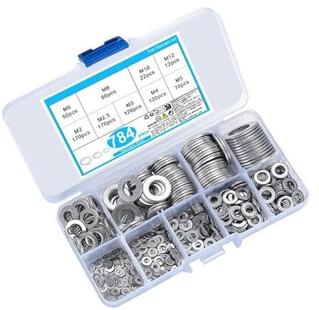 Newoutset 784 Pcs Flat Washer, Stainless Steel Lock Washer Spacers, Assorted Metal Washers Assortment for Home Decoration, Factories Repair Construction - M2/M2.5/M3/M4/M5/M6/M8/M10/M12