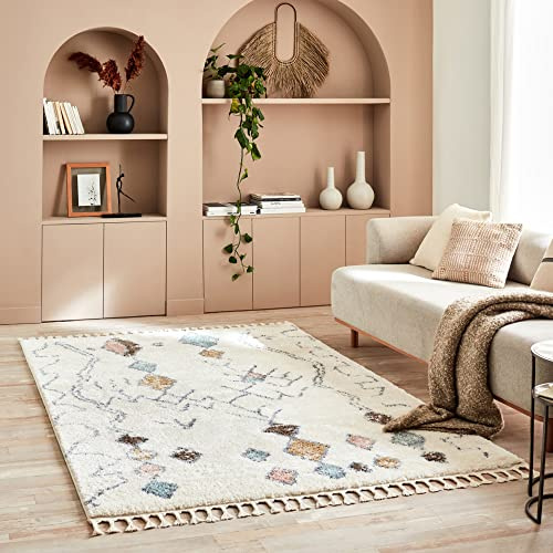 Nazar Tapis Berbere Salon, Tapis Berbere Multicolore, Motifs Losanges Géométriques, Lavable, Moelleux, Poils Longs (120x170 cm, 3063 Crème)