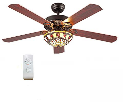 52 Inch Tiffany Ceiling Fan with 3 Lights and Remote Control, Traditional Low Profile Wooden Ceiling Fans, 5-Reversible Blades Mid-Century LED Ceiling Fan, for Living room, Bedroom, Kitchen