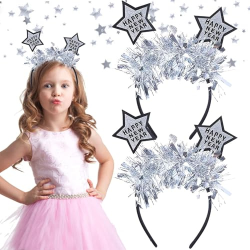 Qunkun 2 Stück Happy New Year Haarreifen, Stirnband, 2024 Kopfschmuck Haarreifen Silvester, Party Haarreif mit Federn und Sternen, Silber Strass glitzernd Silvester Party Haarschmuck Zubehör (A)