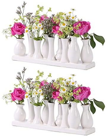 Jinfa 2 Vasenset Weiß je 10 kleine Blumenvasen auf Tablett - 2er-Set Minivasen Keramik für Tischdeko Miniatur Keramikvasen für einzelne Blumen mehrere Vasen in Einer für Trockenblumen und Pampasgrass